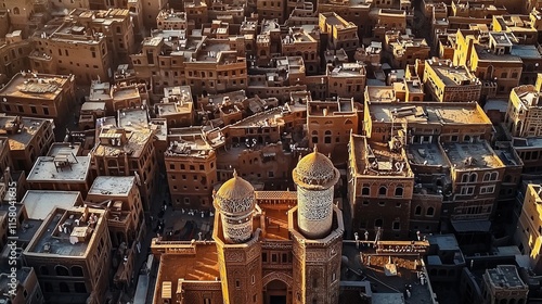 Aerial View of Shibam's Ancient City:  A breathtaking drone shot captures the timeless beauty of Shibam, Yemen, showcasing its iconic mud-brick skyscrapers bathed in the warm glow of sunrise. photo