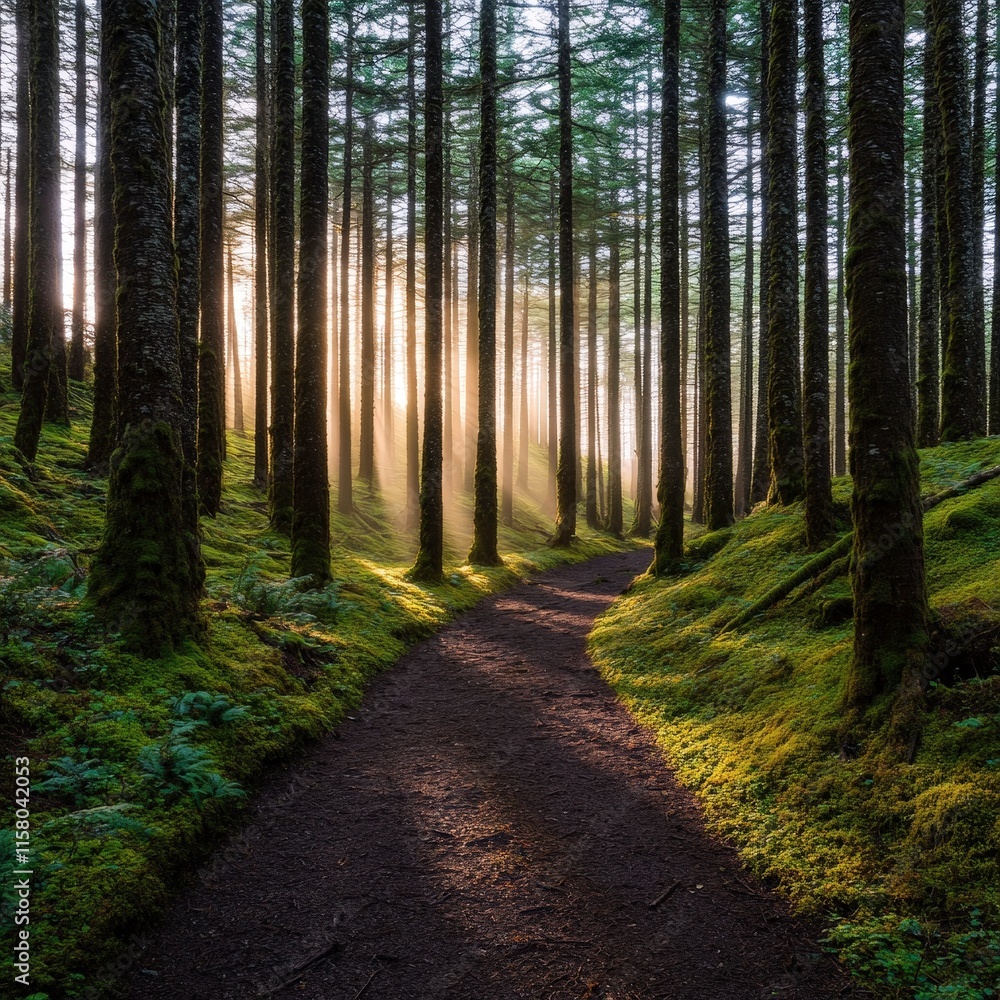 Fototapeta premium A serene forest path illuminated by soft sunlight filtering through tall trees, creating a peaceful and inviting atmosphere.