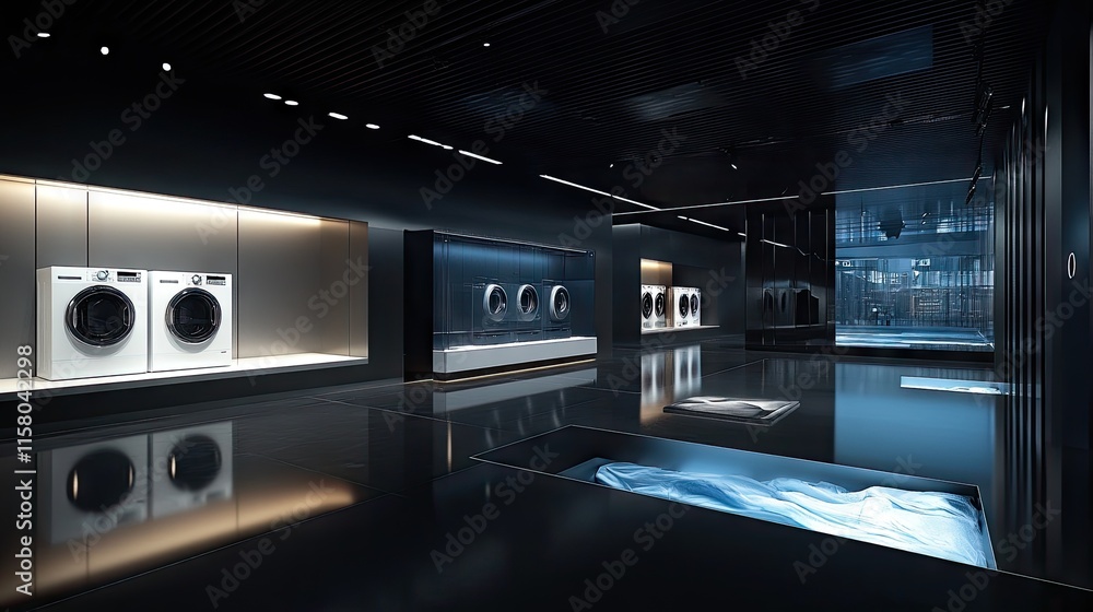 Modern Minimalist Laundry Room with Sleek Appliances and Dark Tones Modern Minimalist Laundry Room with Sleek Appliances and Dark Tones