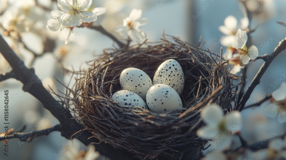 Bird's nest with speckled eggs in blossoming tree. Bird's nest with speckled eggs in blossoming tree.