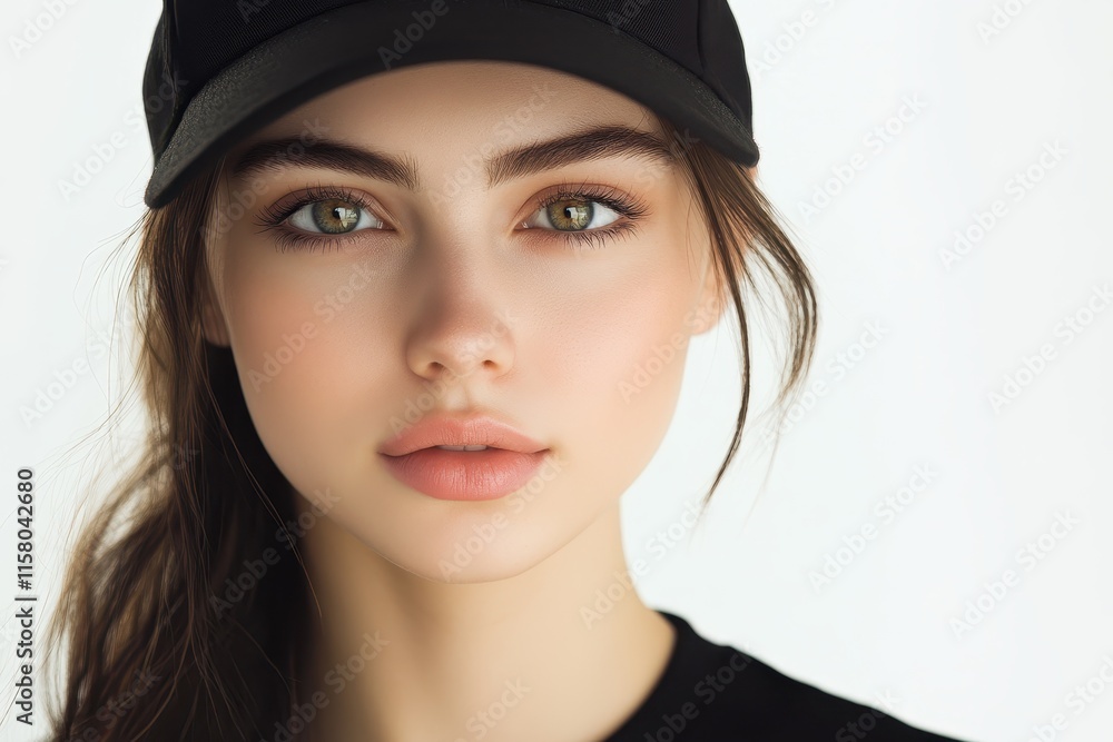 Close up portrait of a young woman in a black cap shielding herself from sunlight against a white background Close up portrait of a young woman in a black cap shielding herself from sunlight against a white background