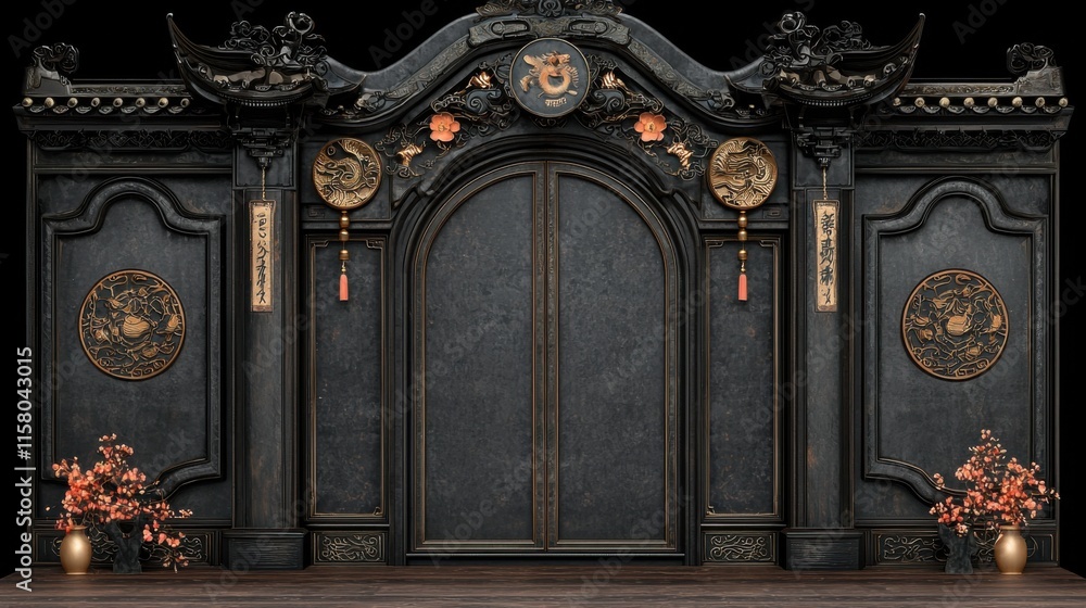 Obraz premium A black and gold decorated door with a red tassel hanging from it