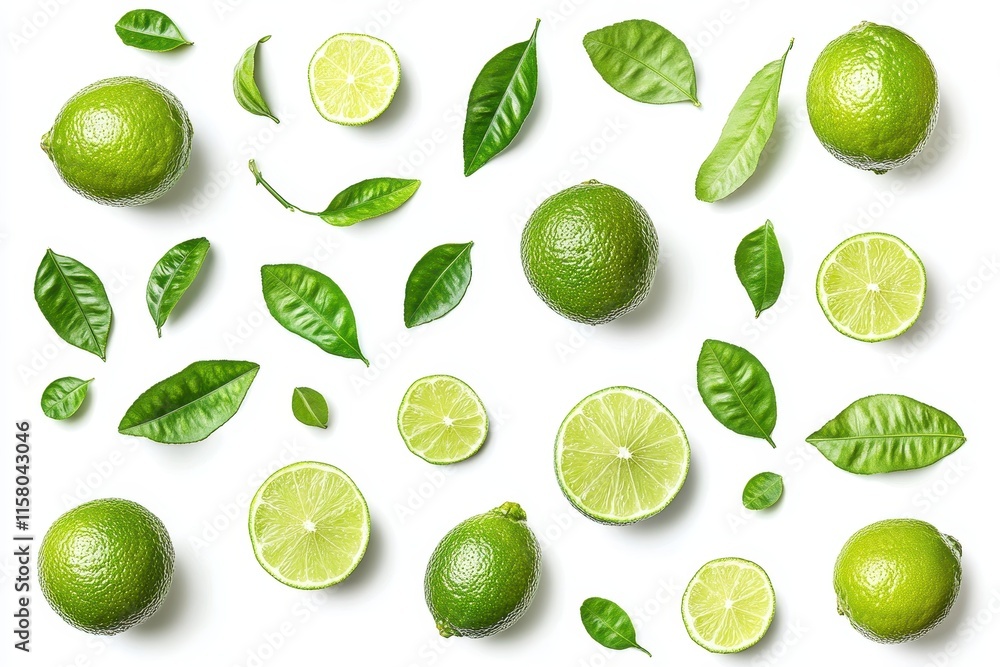 Collage of fresh lime on white background whole half and sliced Collage of fresh lime on white background whole half and sliced