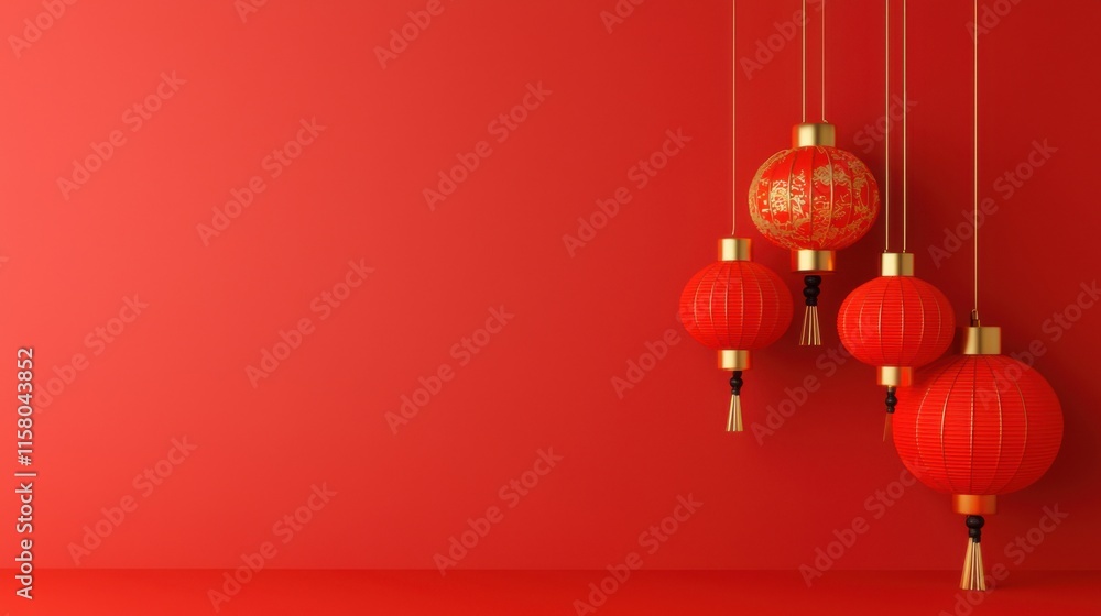 A red wall with four red lanterns hanging from the ceiling A red wall with four red lanterns hanging from the ceiling