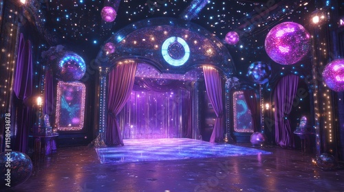 A vibrant, illuminated stage set for a performance.