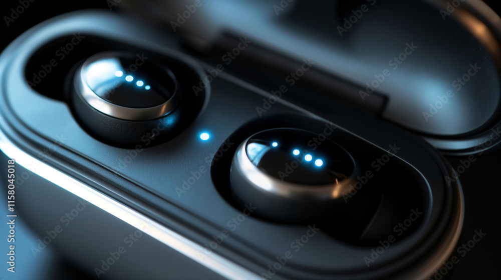Close-Up of Modern Wireless Earbuds in Charging Case Close-Up of Modern Wireless Earbuds in Charging Case