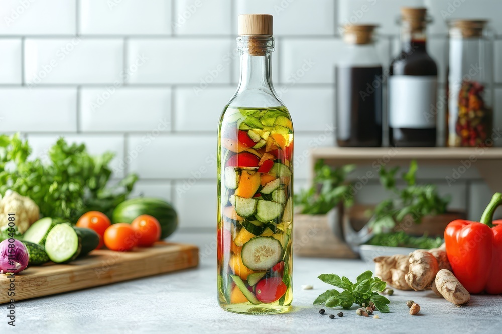 Delicious juice made from fresh veggies and fruits on a white tiled surface Delicious juice made from fresh veggies and fruits on a white tiled surface