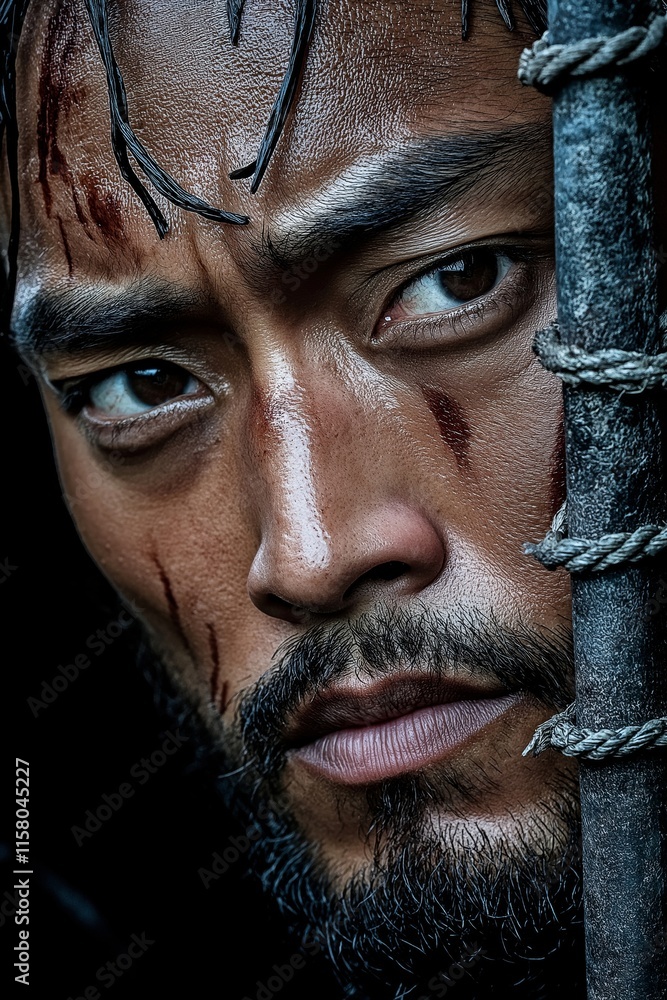 Obraz premium Portrait of a determined warrior holding a spear, ready for battle