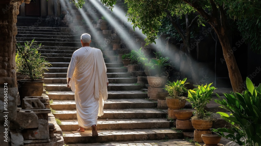 Buddhist monk walking up the stairs of an ancient temple in rays of light Buddhist monk walking up the stairs of an ancient temple in rays of light