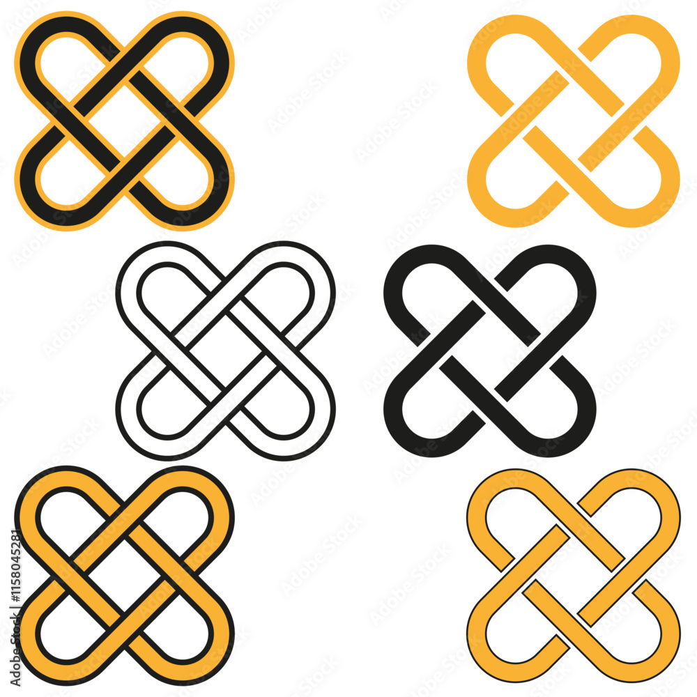 Knot icon set. Geometric vector symbols. Bold decorative shapes. Black and yellow design. Knot icon set. Geometric vector symbols. Bold decorative shapes. Black and yellow design.