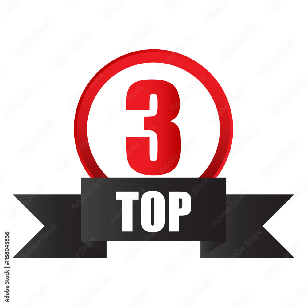 Top three badge. Red number 3. Bold vector design. Black ribbon element. Top three badge. Red number 3. Bold vector design. Black ribbon element.