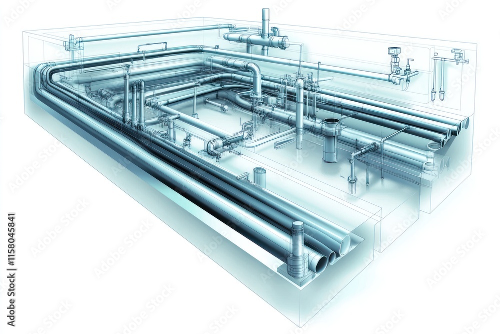 3D model of complex industrial piping system. 3D model of complex industrial piping system.