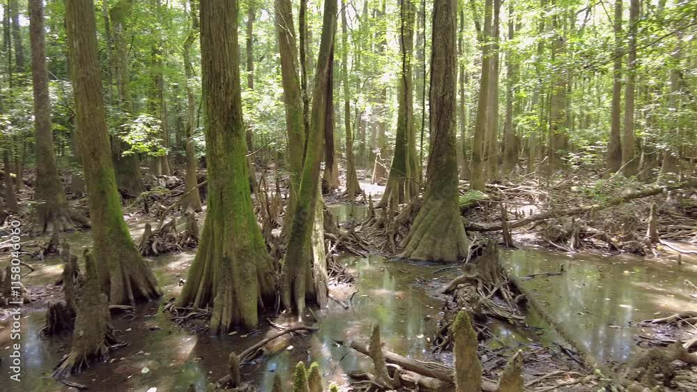 Slow panning shot of old growth cypress forest in the swamps of Congaree National Park in South Carolina, USA.