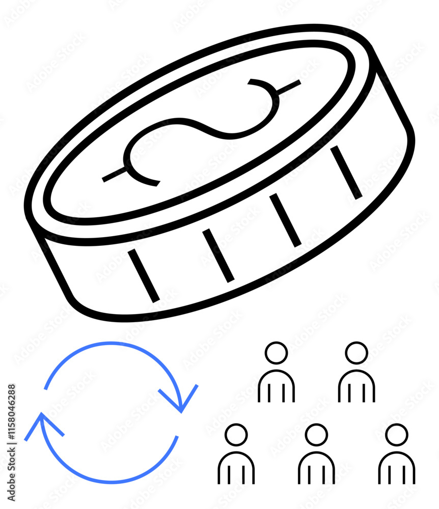 Coin with currency symbol directional arrows indicating recycling, group of six outlined figures. Ideal for finance, trade, community, investment, sustainability, teamwork, collaboration. Line Coin with currency symbol directional arrows indicating recycling, group of six outlined figures. Ideal for finance, trade, community, investment, sustainability, teamwork, collaboration. Line