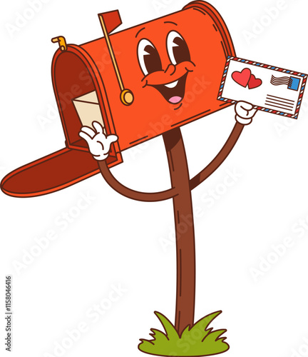 Cartoon groovy Valentine day red postbox character with love letter and parcel inside. Isolated vector retro mailbox expressing affection while delivering warm feelings and romantic holiday messages