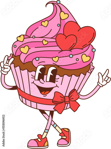 Cartoon groovy Valentine cupcake character with pink icing and heart shaped ornament and ribbon evoking retro vibes. Isolated vector cute muffin personage celebrates love, affection, joy and sweetness