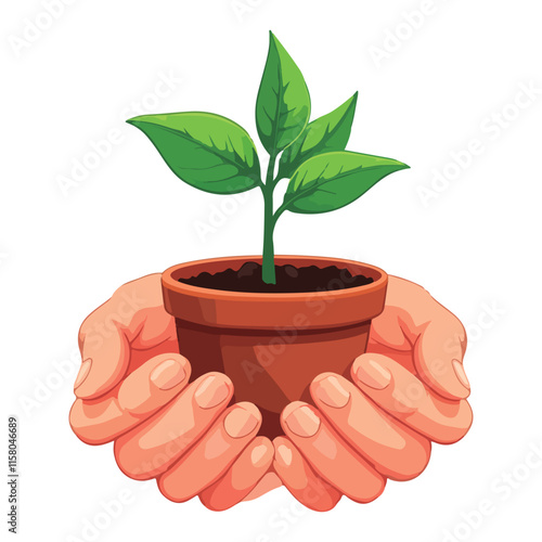 A flat vector illustration isolated on a white backdrop shows two hands holding a young green plant in a container, delivering the plant seeds to the small plant. 
