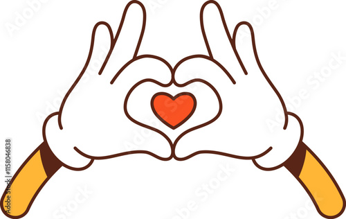 Cartoon groovy hands forming a heart shape with red heart symbol for Valentines Day or love messages. Isolated vector playful hands gesture symbolizing love, affection and passion with y2k retro vibe