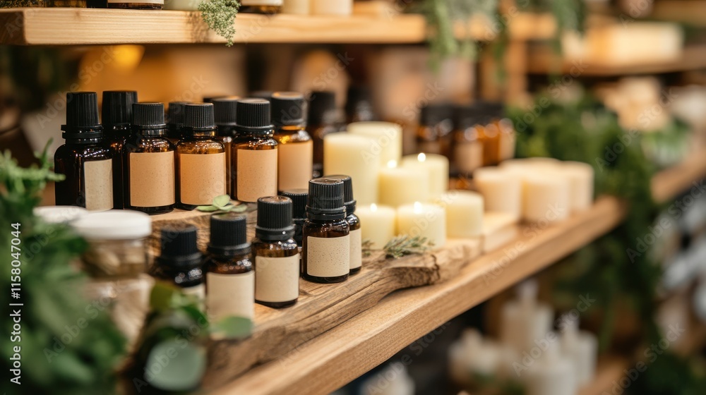Shelves display essential oils, candles, and herbs. Shelves display essential oils, candles, and herbs.