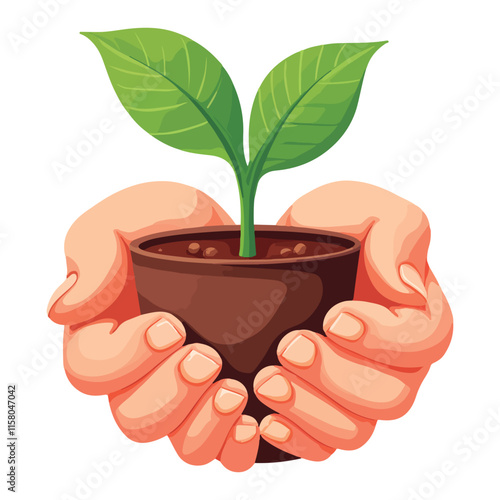 A flat vector illustration isolated on a white backdrop shows two hands holding a young green plant in a container, delivering the plant seeds to the small plant. 
