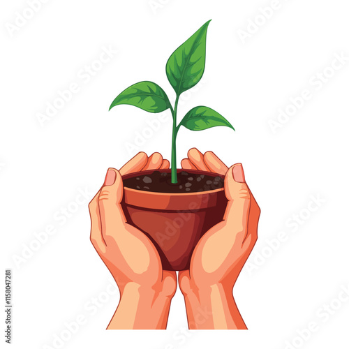 A flat vector illustration isolated on a white backdrop shows two hands holding a young green plant in a container, delivering the plant seeds to the small plant. 
