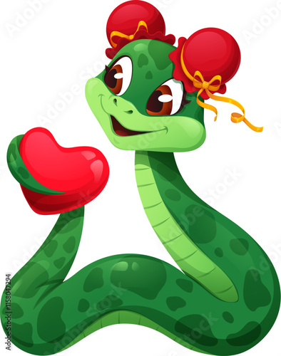 Valentine day cheerful cartoon snake character holding red love heart. Vector green cute reptile, serpent animal, adorned with traditional red bows, evokes celebration, and Chinese cultural tradition