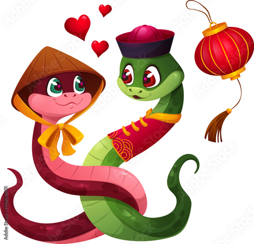 Valentine day cartoon snakes characters with love hearts and red Asian lantern. Vector green and pink reptiles share an affectionate gaze, symbolizing love and celebration for Chinese Lunar New Year