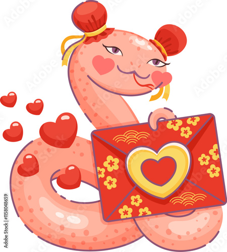 Cartoon valentines day Asian snake with love heart and letter. Vector cute pink reptile with blushing cheeks and festive hair accessories holds a decorated red envelope, surrounded by floating hearts