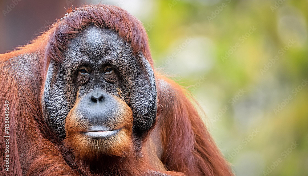 Fototapeta premium Close-Up of an Orangutan, Highlighting Its Facial Expressions and Hair Texture