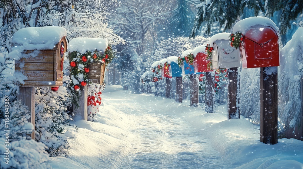 Naklejka premium A snowy scene with holiday mailboxes and festive packages