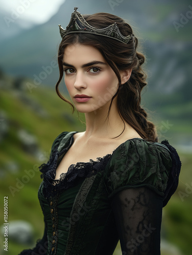 Brunette Woman in Black Medieval Dress with Crown Standing in Lush Green Hills