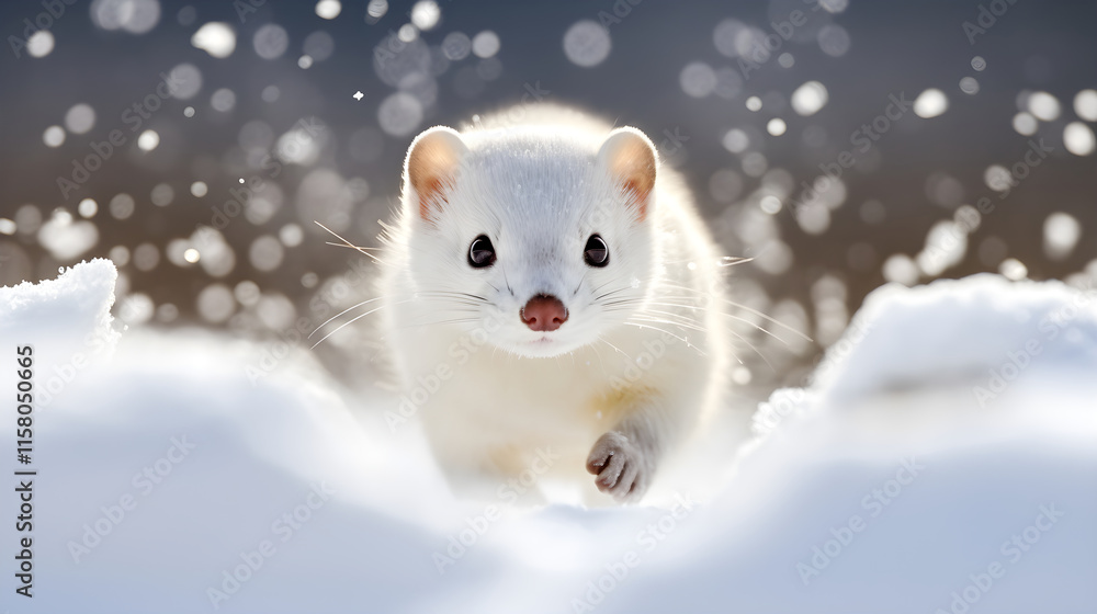 A Delicate Sprint in the Snow: Winter White Ermine Captured in a Snowy Landscape A Delicate Sprint in the Snow: Winter White Ermine Captured in a Snowy Landscape
