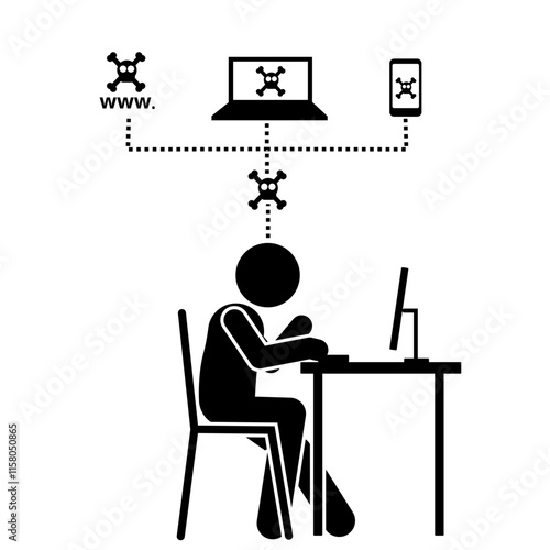 A stick figure illustration showing hacking into different devices.