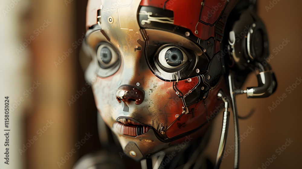 Fototapeta premium This highly advanced robot features intricate design, expressive face, dynamic colors, and cuttingedge technology. Its perfect for scifi and technologythemed projects