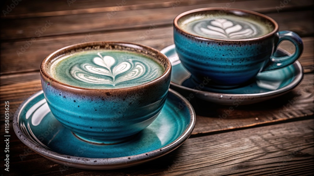 Stunning blue matcha latte art graces ceramic cups, perfectly formed foam creating a captivating diagonal composition on a rustic wooden background. Stunning blue matcha latte art graces ceramic cups, perfectly formed foam creating a captivating diagonal composition on a rustic wooden background.