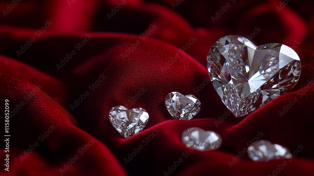 Elegant crystal hearts on soft red fabric for Valentine's Day celebration. Elegant crystal hearts on soft red fabric for Valentine's Day celebration.