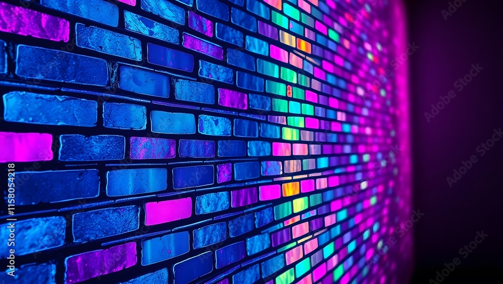 Bright neon bricks radiate energy and color in a dark, moody setting. Bright neon bricks radiate energy and color in a dark, moody setting.
