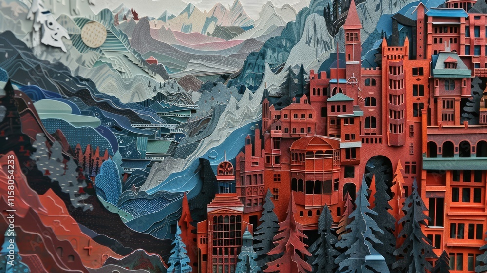 Obraz premium Papercut Cityscape - Mountains, Buildings, and Nature