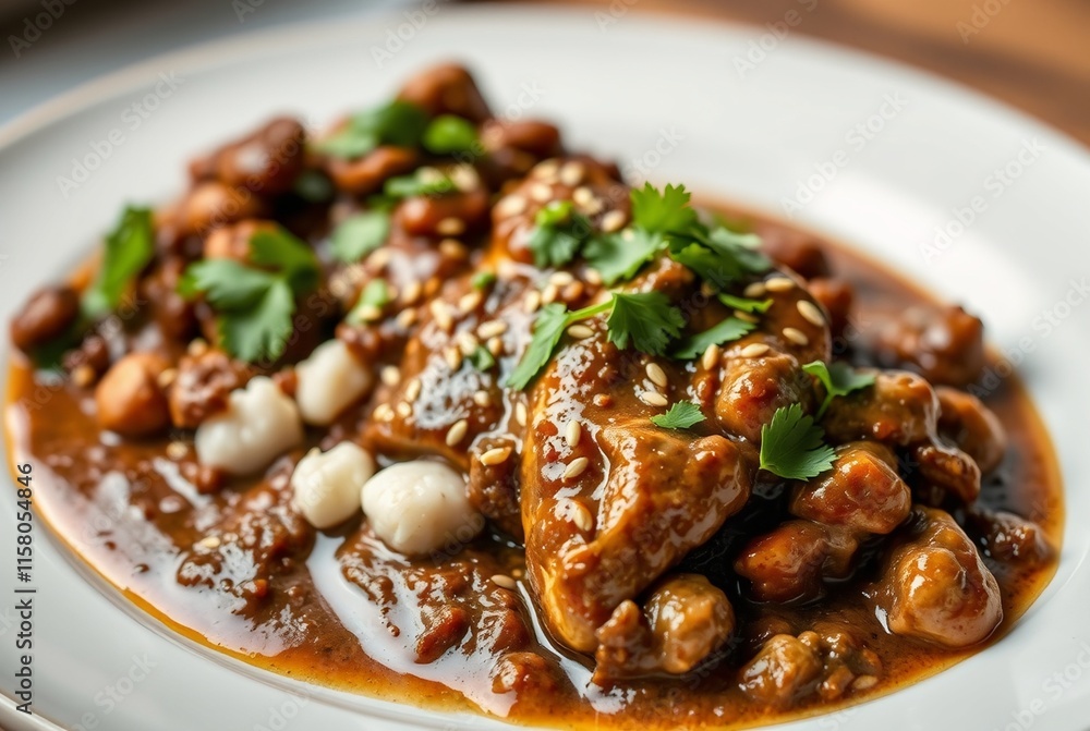 Delicious Plate of Chicken in Spicy Sauce with Beans and Fresh Herbs Delicious Plate of Chicken in Spicy Sauce with Beans and Fresh Herbs