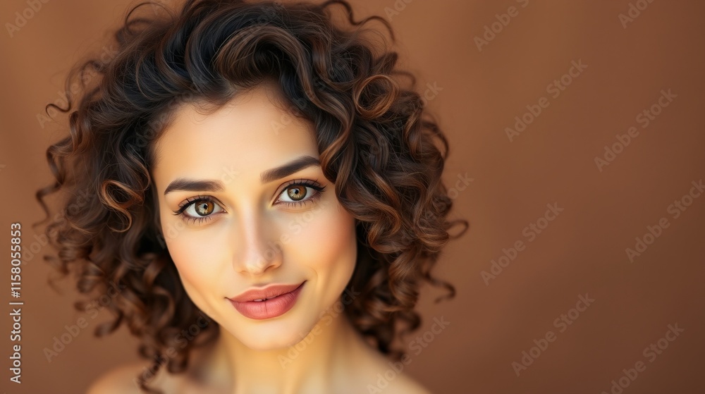Fototapeta premium Beautiful Young Woman with Curly Hair and Warm Expression Against a Solid Brown Background