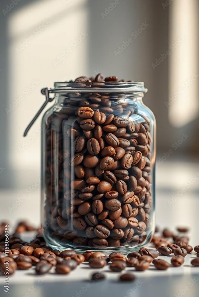Glass Jar Filled with Freshly Roasted Coffee Beans Surrounded by Spilled Beans Glass Jar Filled with Freshly Roasted Coffee Beans Surrounded by Spilled Beans