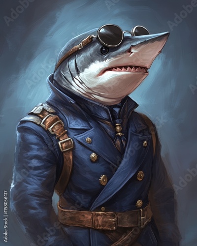 An anthropomorphic shark wearing sunglasses and a blue coat, exuding a confident and stylish demeanor. The artwork blends marine life with human characteristics for a whimsical effect. photo