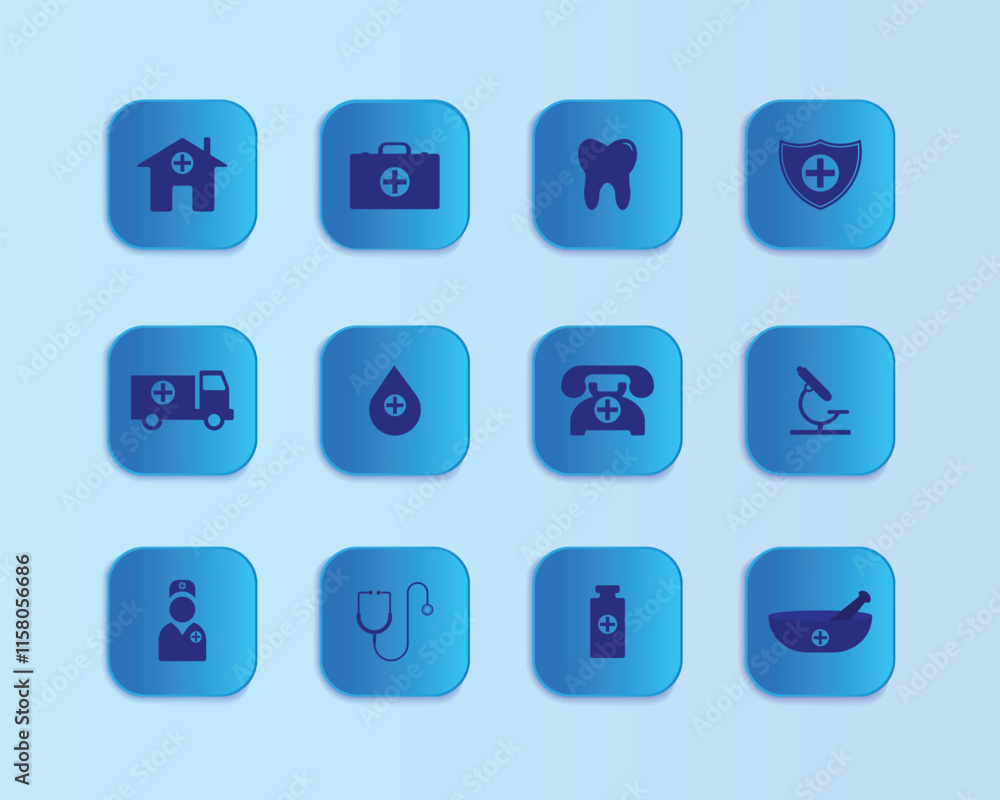 Clean square shaped blue icons with dark blue details, ideal for medical-themed projects. Clean square shaped blue icons with dark blue details, ideal for medical-themed projects.