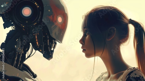 girl and robot face each other with sharp gazes