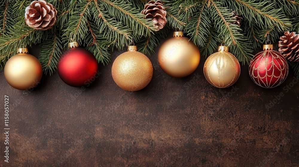 Festive Holiday Ornaments Hanging on Pine Branches with Pinecones Festive Holiday Ornaments Hanging on Pine Branches with Pinecones