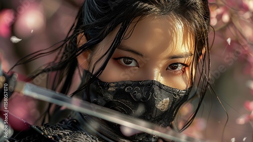 beautiful female samurai with face mask