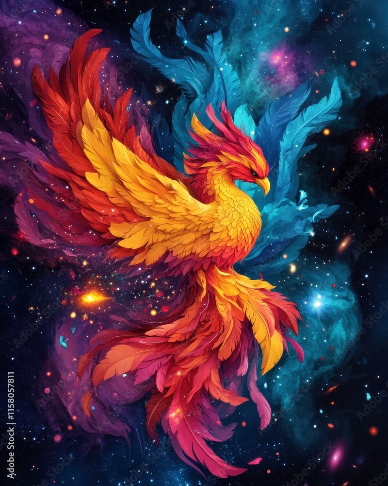Fototapeta premium A vibrant, colorful phoenix emerges from a cosmic background, showcasing fiery hues of orange, red, and blue feathers, symbolizing rebirth and transformation amidst a starry universe.