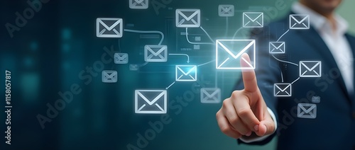 A man in a suit is pointing to a series of floating email icons on a dark background, suggesting a digital communication concept.