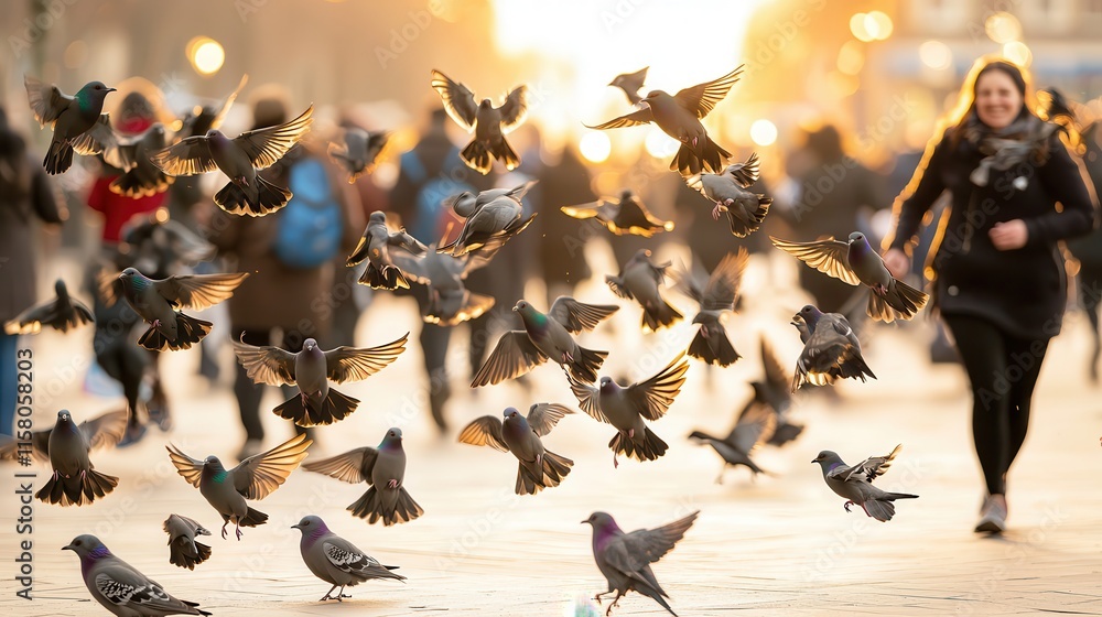 Fototapeta premium Sunlit Street Scene with Flying Pigeons and People Walking