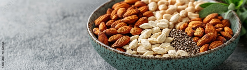 A bowl of organic superfoods like nuts and seeds on a clean surface, generous copy space, natural wellness, ecofriendly nutrition A bowl of organic superfoods like nuts and seeds on a clean surface, generous copy space, natural wellness, ecofriendly nutrition